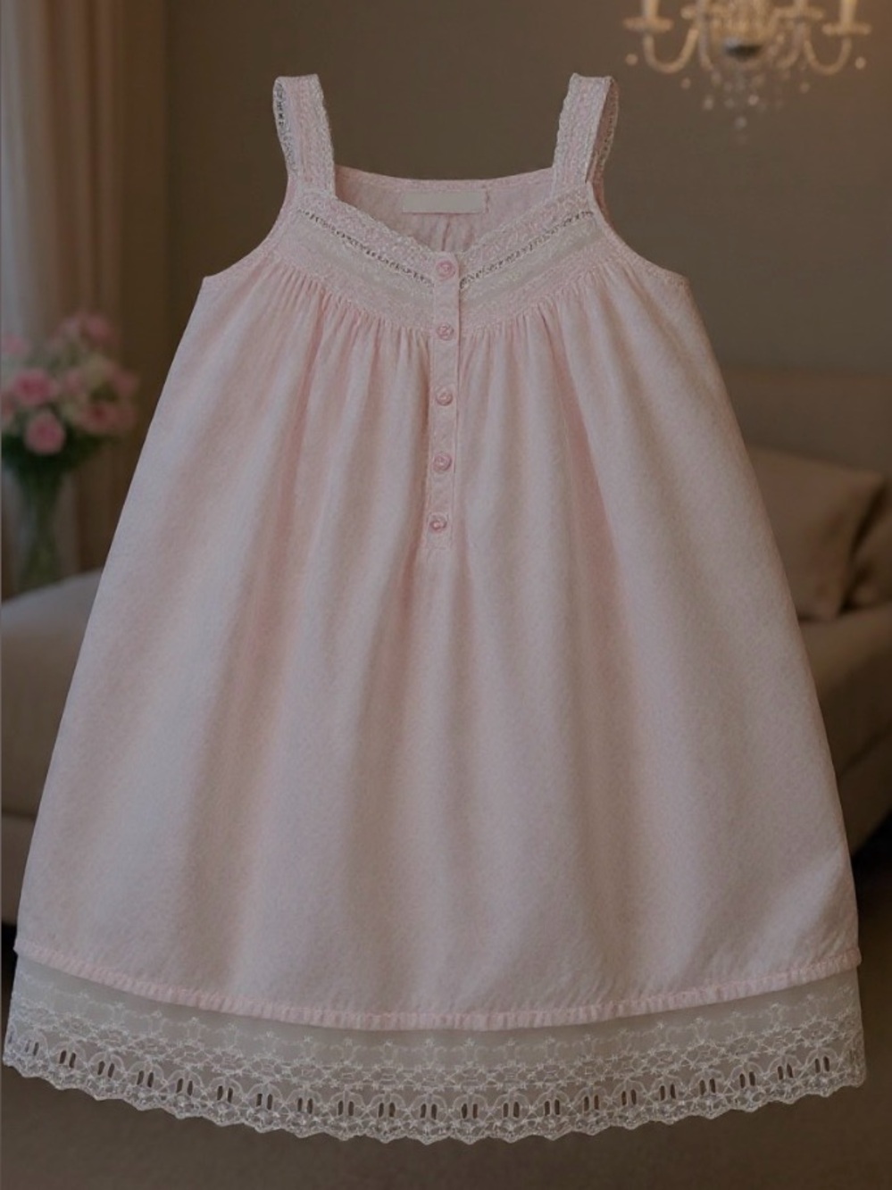 🍓Eileen West Pale Pink Floral Lace-Trim Nightgown